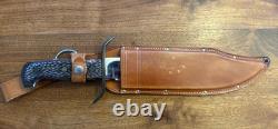 Vintage Western Fixed Blade Bowie Hunting Knife With Leather Sheath 14.5