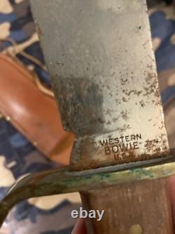 Vintage Western U. S. A W49 Fixed Blade Bowie Knife With Leather Sheath