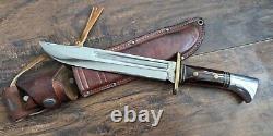 Vintage Western USA W46-8 Fixed Blade Combat Bowie Knife With Leather Sheath