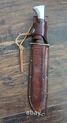 Vintage Western USA W46-8 Fixed Blade Combat Bowie Knife With Leather Sheath