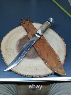 Vintage XL hunting Knife Buck Stag Bone Solingen Germany Bowie case skinning