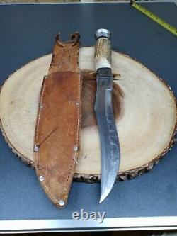 Vintage XL hunting Knife Buck Stag Bone Solingen Germany Bowie case skinning