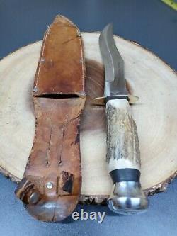 Vintage XL hunting Knife Buck Stag Bone Solingen Germany Bowie case skinning