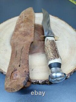 Vintage XL hunting Knife Buck Stag Bone Solingen Germany Bowie case skinning