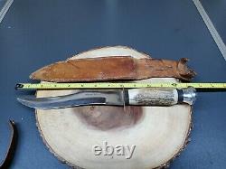 Vintage XL hunting Knife Buck Stag Bone Solingen Germany Bowie case skinning