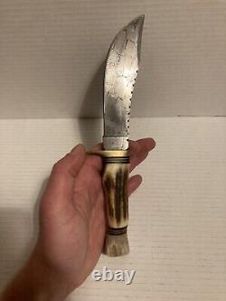 Vtg 10.5Full Tang Damascus Steel Fixed Blade Hunting Knife Antler Handle Brass