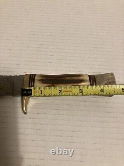 Vtg 10.5Full Tang Damascus Steel Fixed Blade Hunting Knife Antler Handle Brass