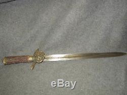 Vtg Antique Sword Hunting Dagger German Knife Brass & Antler Handle Stag Deer