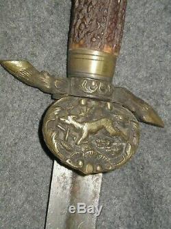 Vtg Antique Sword Hunting Dagger German Knife Brass & Antler Handle Stag Deer