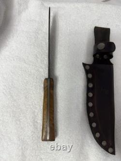 Vtg Hand Made USA Damascus fixed blade hunting knife With Leather Sheath (B12)