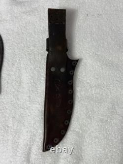 Vtg Hand Made USA Damascus fixed blade hunting knife With Leather Sheath (B12)