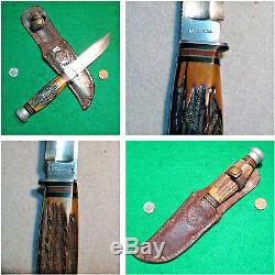 Vtg Sheath Blade Hunt CATTARAUGUS Stag Knife #1 ORIG INDIAN Leather western TOOL