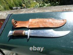 Vtg Solingen German Stag Bowie Knife Edge Mark Brand Hunting Leather Sheath