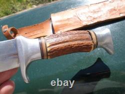 Vtg Solingen German Stag Bowie Knife Edge Mark Brand Hunting Leather Sheath